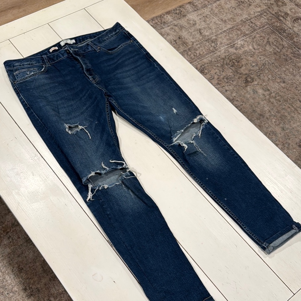 Topman Blue Skinny Jeans with Distressed Knees